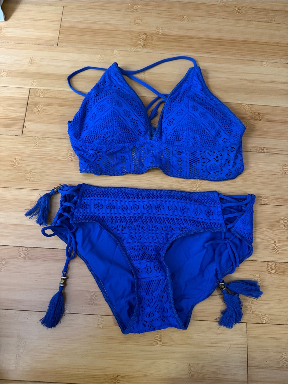 BECCA Cobalt Blue Crochet Bikini Set with Tassel Tie Sides